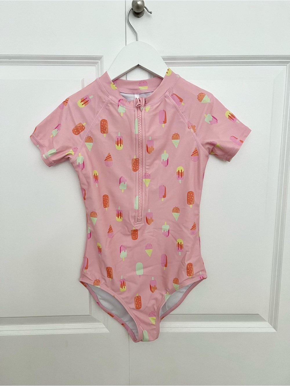 Girls Pink Ice Cream Print Rash Guard Swimsuit 7/8y